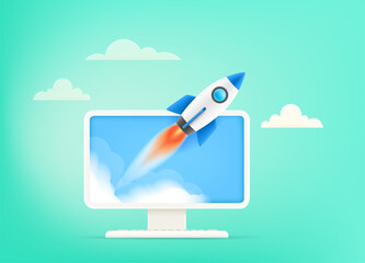 Start up your business concept. Begin business vector illustration with rocket and computer