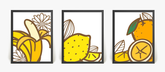 Three posters with abstract compositionswith yellow fruits. Frames on a wall