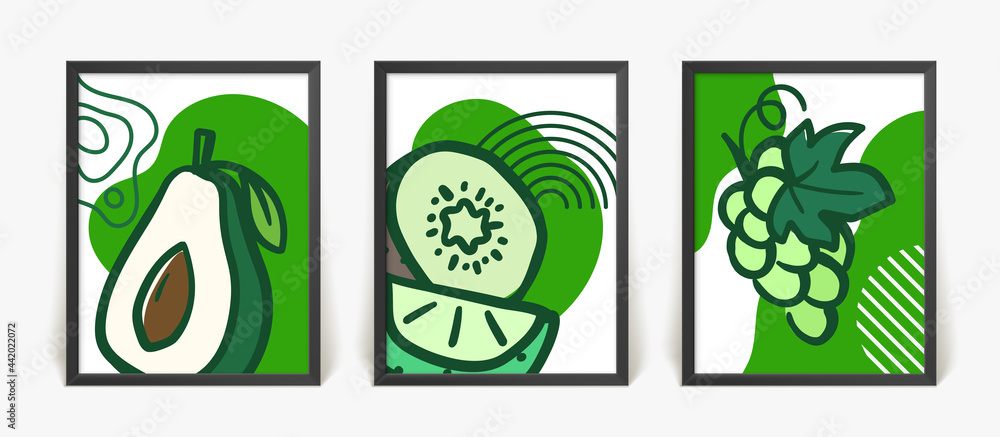 Poster three posters with abstract composition with green fruits. frames on a wall