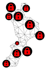 Polygonal mesh lockdown map of Calabria region. Abstract mesh lines and locks form map of Calabria region. Vector wire frame 2D polygonal line network in black color with red locks.