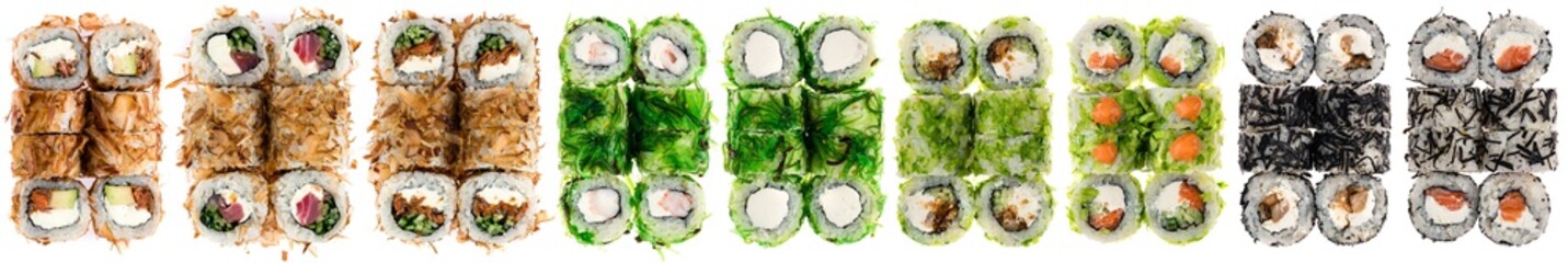 Sushi set of rolls with chuka salad on white background