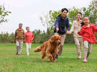 Fototapeta premium Happy family of five and pet dog walking in the park