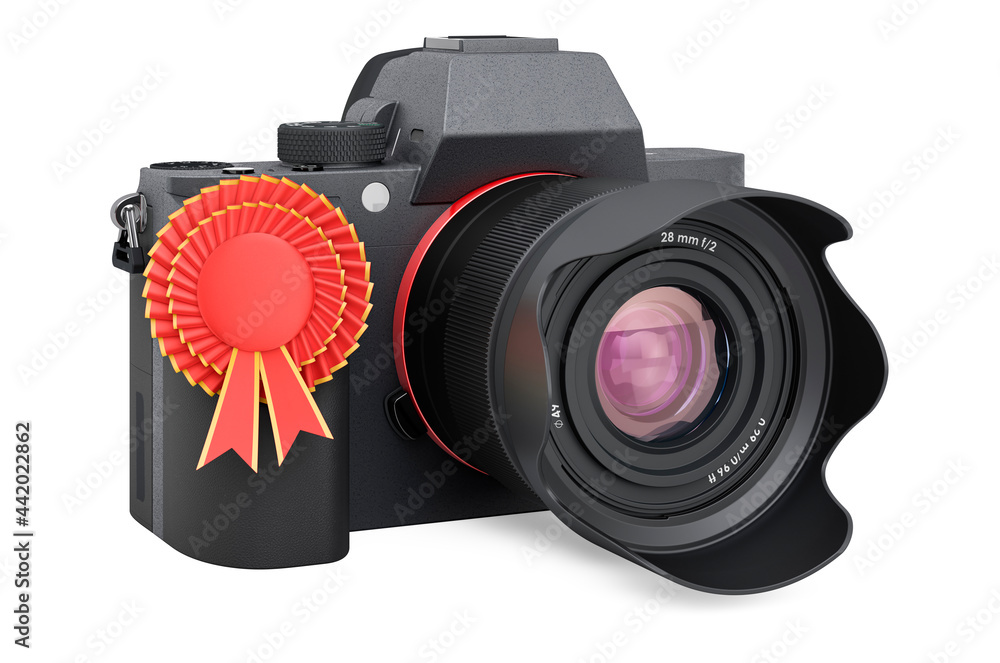 Poster digital camera with best choice badge, 3d rendering