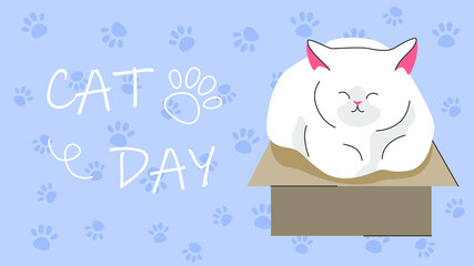 Cat sitting in box. Postcard for the international cat day on August 8. Funny cartoon cat is sitting in a box. Happy animals Print to greeting card, poster, flyer.