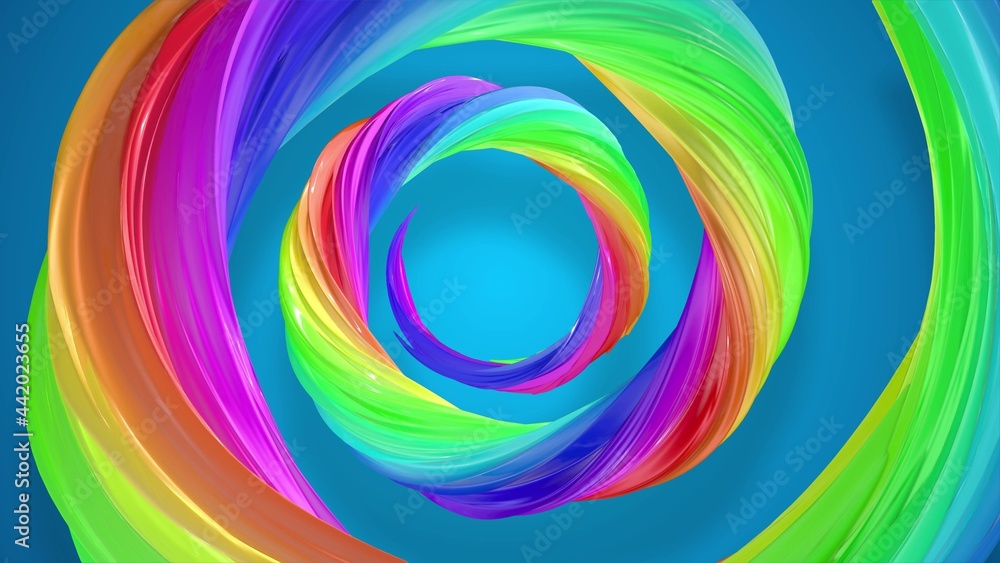 Poster 3d render. abstract background with rainbow color stripes in spiral and shiny on blue background. ra