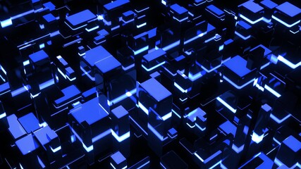 3d render. Dark science fiction blue background. Abstract dark bg neon cubes light bulbs. Different sizes cubes network lighting blue neon light. Blockchain technology visualization