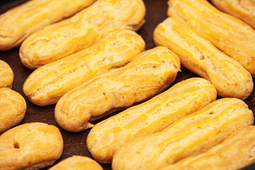 close up custard cake in the oven