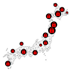 Polygonal mesh lockdown map of Japan. Abstract mesh lines and locks form map of Japan. Vector wire frame 2D polygonal line network in black color with red locks. Frame model for health care posters.