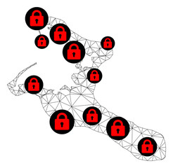 Polygonal mesh lockdown map of Kiribati Island. Abstract mesh lines and locks form map of Kiribati Island. Vector wire frame 2D polygonal line network in black color with red locks.
