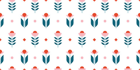 Floral seamless pattern with abstract flowers and polka dot in nordic style 