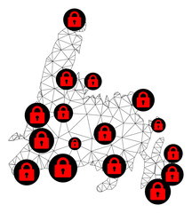 Polygonal mesh lockdown map of Newfoundland Island. Abstract mesh lines and locks form map of Newfoundland Island. Vector wire frame 2D polygonal line network in black color with red locks.