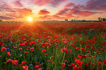 Fototapeta na wymiar Beautiful sunrise over red poppies field