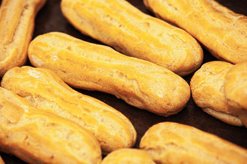 close up custard cake in the oven