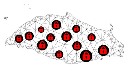 Polygonal mesh lockdown map of Isla La Tortuga. Abstract mesh lines and locks form map of Isla La Tortuga. Vector wire frame 2D polygonal line network in black color with red locks.