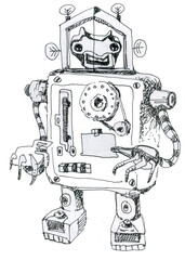 Robot vintage toy and character. Ink drawing.