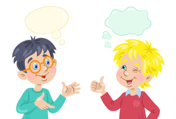 A conversation between two funny boys. Picture with dialog boxes. In cartoon style. Place for text. Isolated on white background. Vector flat illustration.