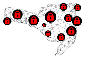 Polygonal mesh lockdown map of Santa Catarina State. Abstract mesh lines and locks form map of Santa Catarina State. Vector wire frame 2D polygonal line network in black color with red locks.