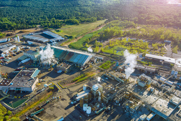 Aerial panoramic view of tanks for chemical mixing Industrial plant with chemical industry system