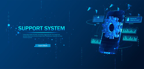 Technical support system. Remote access and control of the phone via an Internet connection. Software development. Abstract vector in a futuristic polygonal style with a frame.