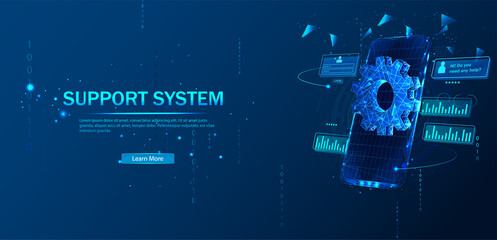Obraz premium Technical support system. Remote access and control of the phone via an Internet connection. Software development. Abstract vector in a futuristic polygonal style with a frame.