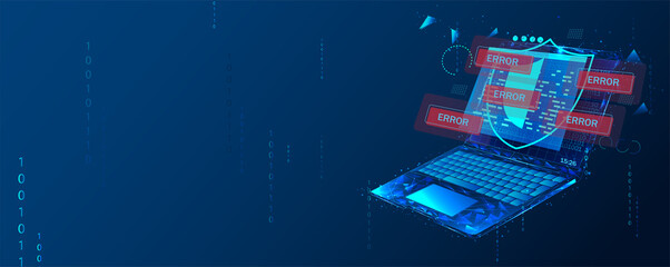 Cyber security, data protection, cyberattacks concept on blue background. Database security software development. Online security concept. Laptop protected with shield. Vector illustration