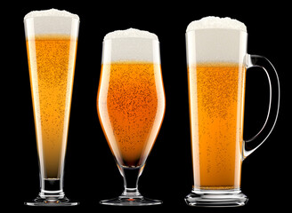 Set of fresh beer in different mugs with bubble froth isolated on black.