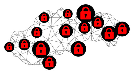 Obraz premium Polygonal mesh lockdown map of Slovakia. Abstract mesh lines and locks form map of Slovakia. Vector wire frame 2D polygonal line network in black color with red locks.