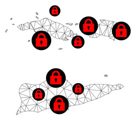 Polygonal mesh lockdown map of American Virgin Islands. Abstract mesh lines and locks form map of American Virgin Islands. Vector wire frame 2D polygonal line network in black color with red locks.