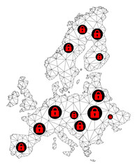 Polygonal mesh lockdown map of Euro Union. Abstract mesh lines and locks form map of Euro Union. Vector wire frame 2D polygonal line network in black color with red locks.