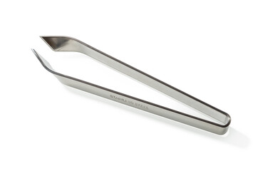 Fish bone remover tongs isolated on white background. Stainless steel tweezers for removing small bones along the fish spine. Kitchen metall forceps close-up. Fishbone pincers macro. Kitchen utensils.