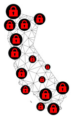 Polygonal mesh lockdown map of California. Abstract mesh lines and locks form map of California. Vector wire frame 2D polygonal line network in black color with red locks.