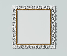 3D render wooden frame mock up. White and gold decor. Carved wooden frame on white wall. Empty interior. 3D illustrations. Template for business. 3D design luxury interior.
