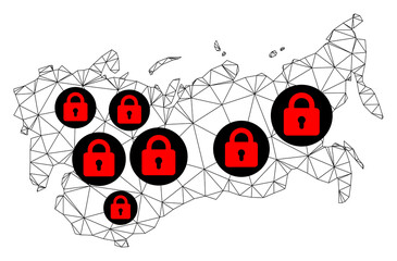 Polygonal mesh lockdown map of USSR. Abstract mesh lines and locks form map of USSR. Vector wire frame 2D polygonal line network in black color with red locks. Frame model for lockdown posters.