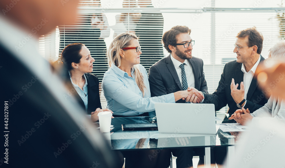 Wall mural business partners discussing a common commercial project