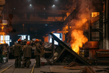 Steel production at metallurgical plant, workshop with unrecognizable workers and underground blast...