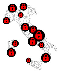 Polygonal mesh lockdown map of Italy. Abstract mesh lines and locks form map of Italy. Vector wire frame 2D polygonal line network in black color with red locks. Frame model for lockdown templates.