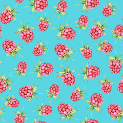 seamless pattern with raspberries on a turquoise background, illustration watercolor hand painted