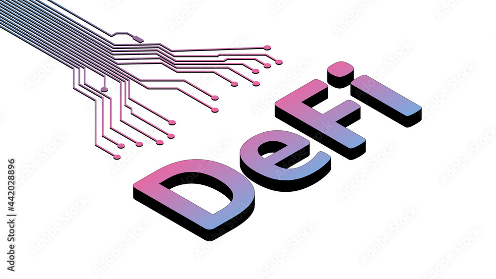 Wall mural defi - decentralized finance, isometric text with printed circuit board isolated on white. ecosystem