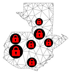 Polygonal mesh lockdown map of Guatemala. Abstract mesh lines and locks form map of Guatemala. Vector wire frame 2D polygonal line network in black color with red locks.