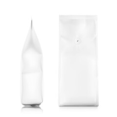 Realistic coffee bag mockup isolated on white background. Front and side view. Easy to use for your design, presentation, adv. Vector illustration. EPS10.