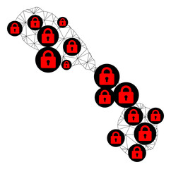 Polygonal mesh lockdown map of Saint Kitts and Nevis. Abstract mesh lines and locks form map of Saint Kitts and Nevis. Vector wire frame 2D polygonal line network in black color with red locks.