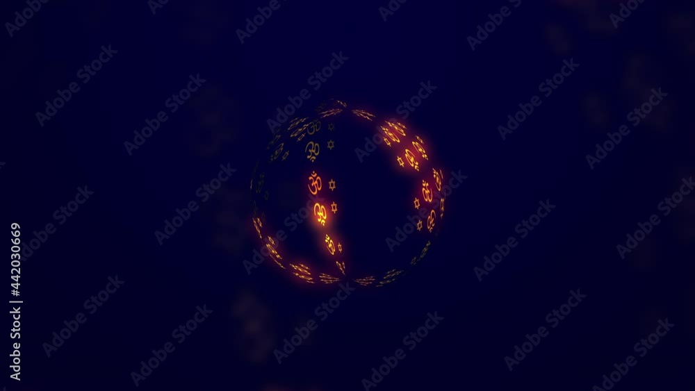 Aufkleber in a dark area, an abstract sphere with illuminating emblems of many religions. light components mov