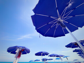 blue sun umbrellas open and arranged in rows at an Italian beach on a sunny summer