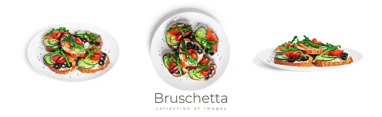 Photo sur Aluminium Légumes frais Bruschetta with cream cheese, salmon and vegetables isolated on a white background. Toasts isolated. Sandwich isolated. Sandwich with salmon and cheese.