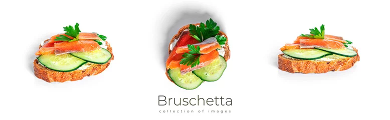 Papier peint photo autocollant rond Légumes frais Bruschetta with cream cheese, salmon and vegetables isolated on a white background. Toasts isolated. Sandwich isolated. Sandwich with salmon and cheese.