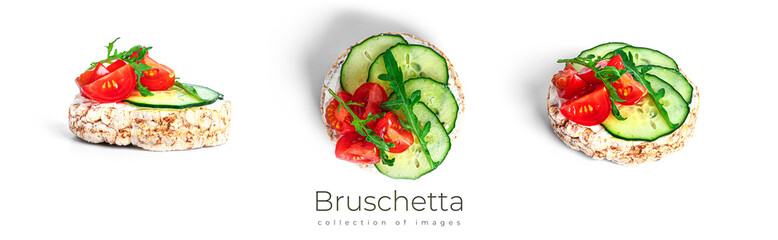 Bruschetta with cream cheese, salmon and vegetables isolated on a white background. Toasts...