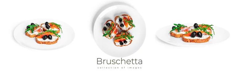 Photo sur Plexiglas Légumes frais Bruschetta with cream cheese, salmon and vegetables isolated on a white background. Toasts isolated. Sandwich isolated. Sandwich with salmon and cheese.