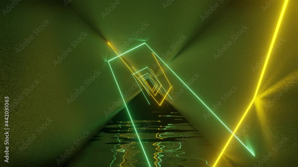 Poster inside a metal tunnel, 3d rendered yellow and green neon lights. minimal animation background with a