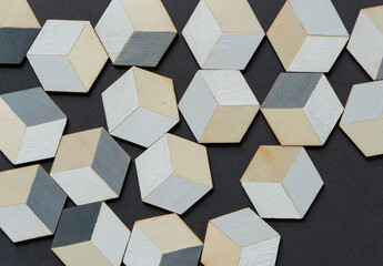hand-painted (gray and white) painted trompe l'oeil (hexagonal) cubes on dark gray background
