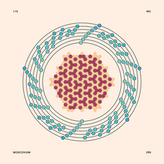 Bohr model representation of the moscovium atom, number 115 and symbol Mc.
Conceptual vector illustration of moscovium-290 isotope atom, mass number 290 and electron configuration 2, 8, 18, 32, 32, 18
